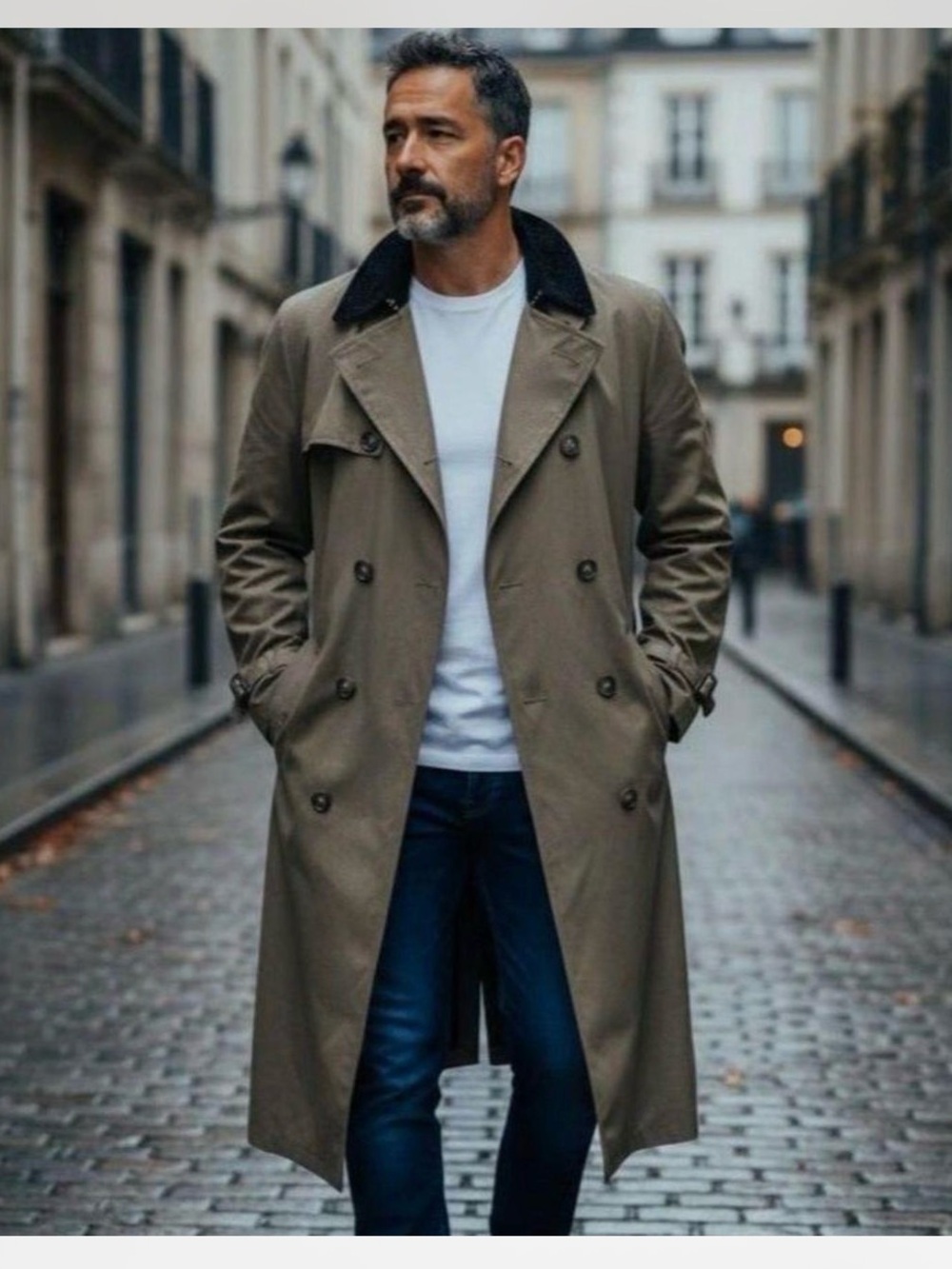 Men's Ralph Lauren Khaki Trench Coat with Black Collar Removable Liner